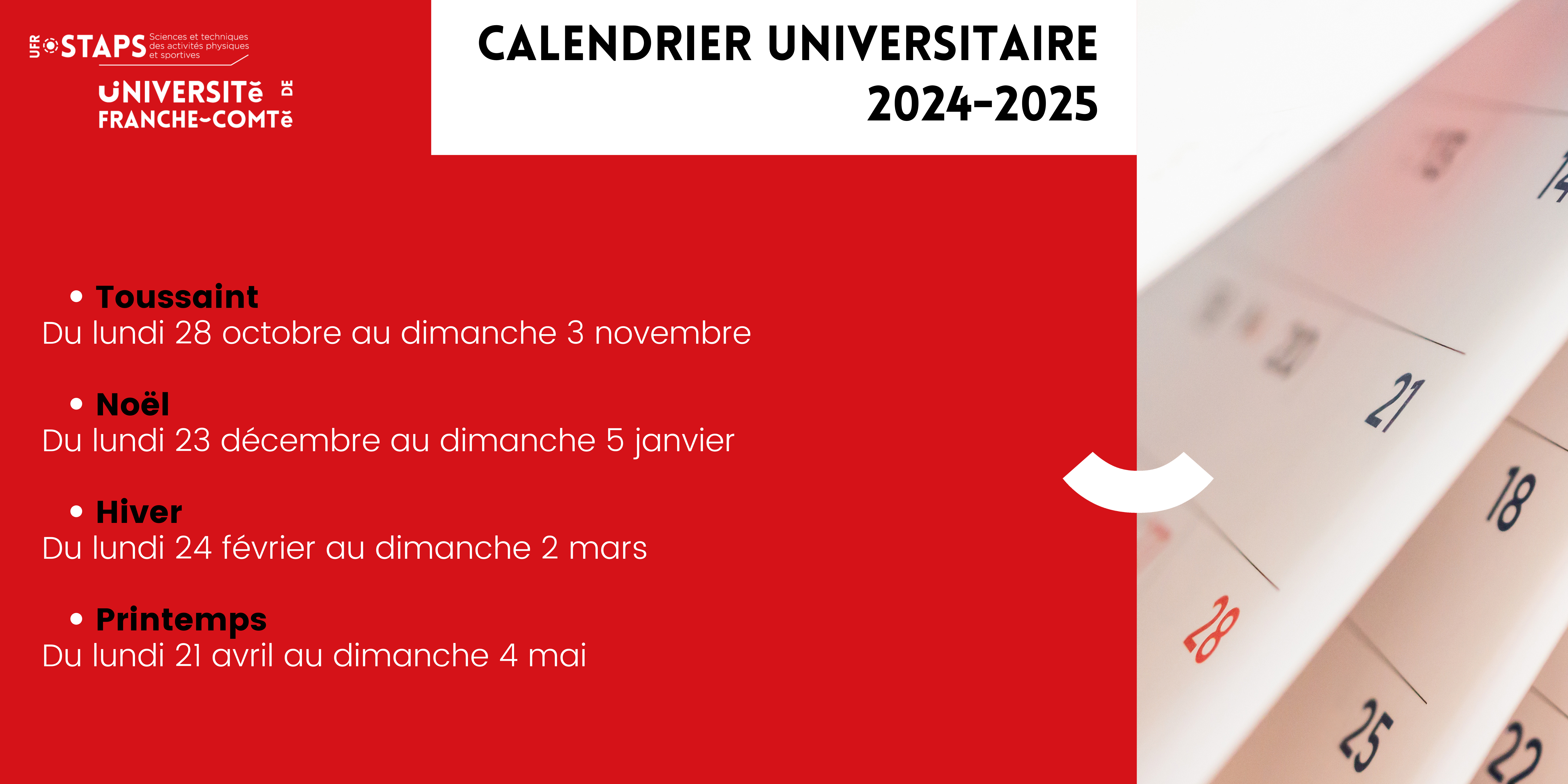 Calendrier vacances universitaires